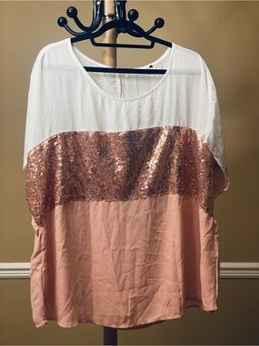 Plus Size 2XL XXL SHEIN Women's White and Blush Sequin Colorblock Top